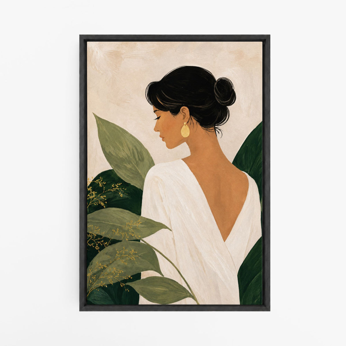 Dans une pensée – Tableau femme et feuilles vertes