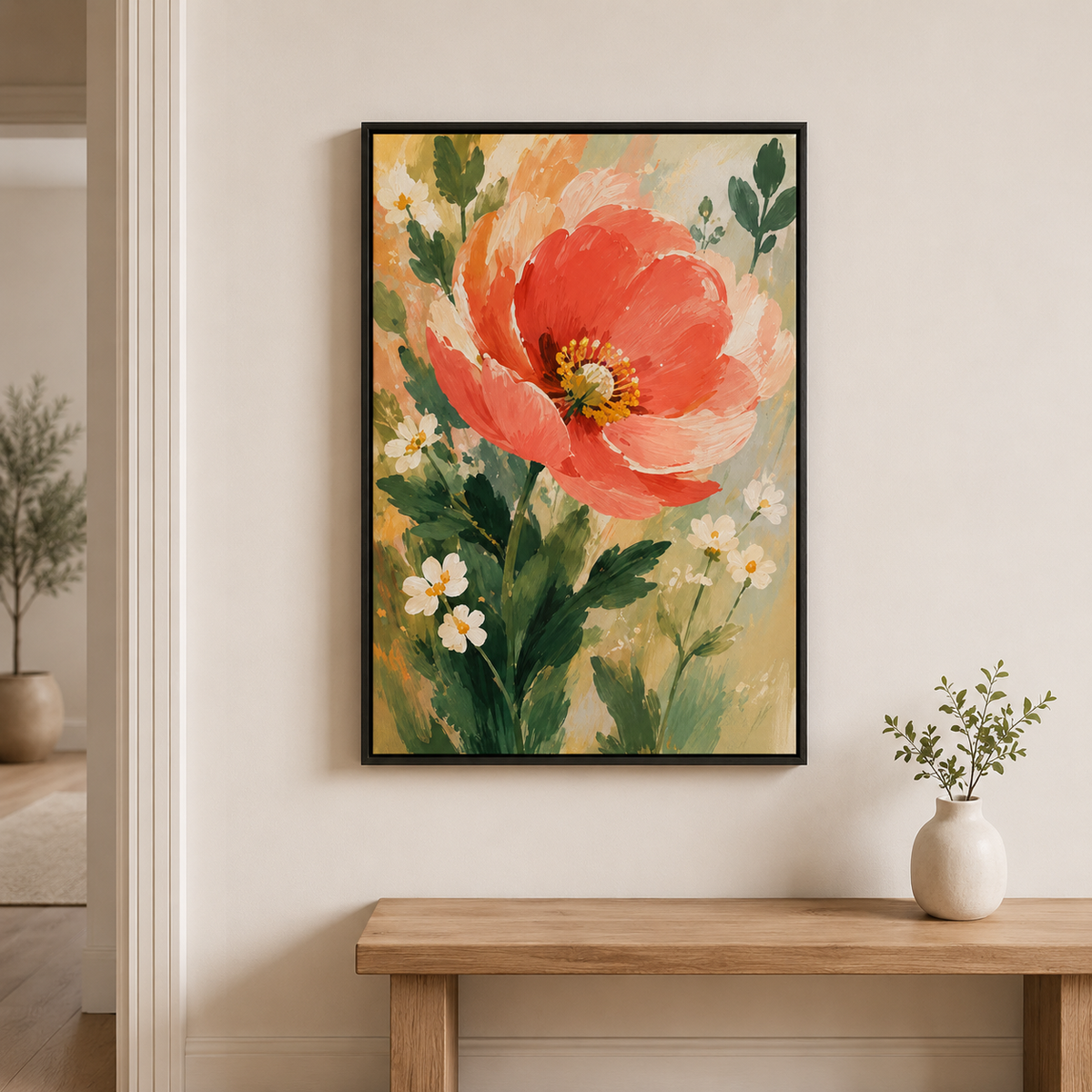 Pétales au soleil – Tableau botanique fleur corail