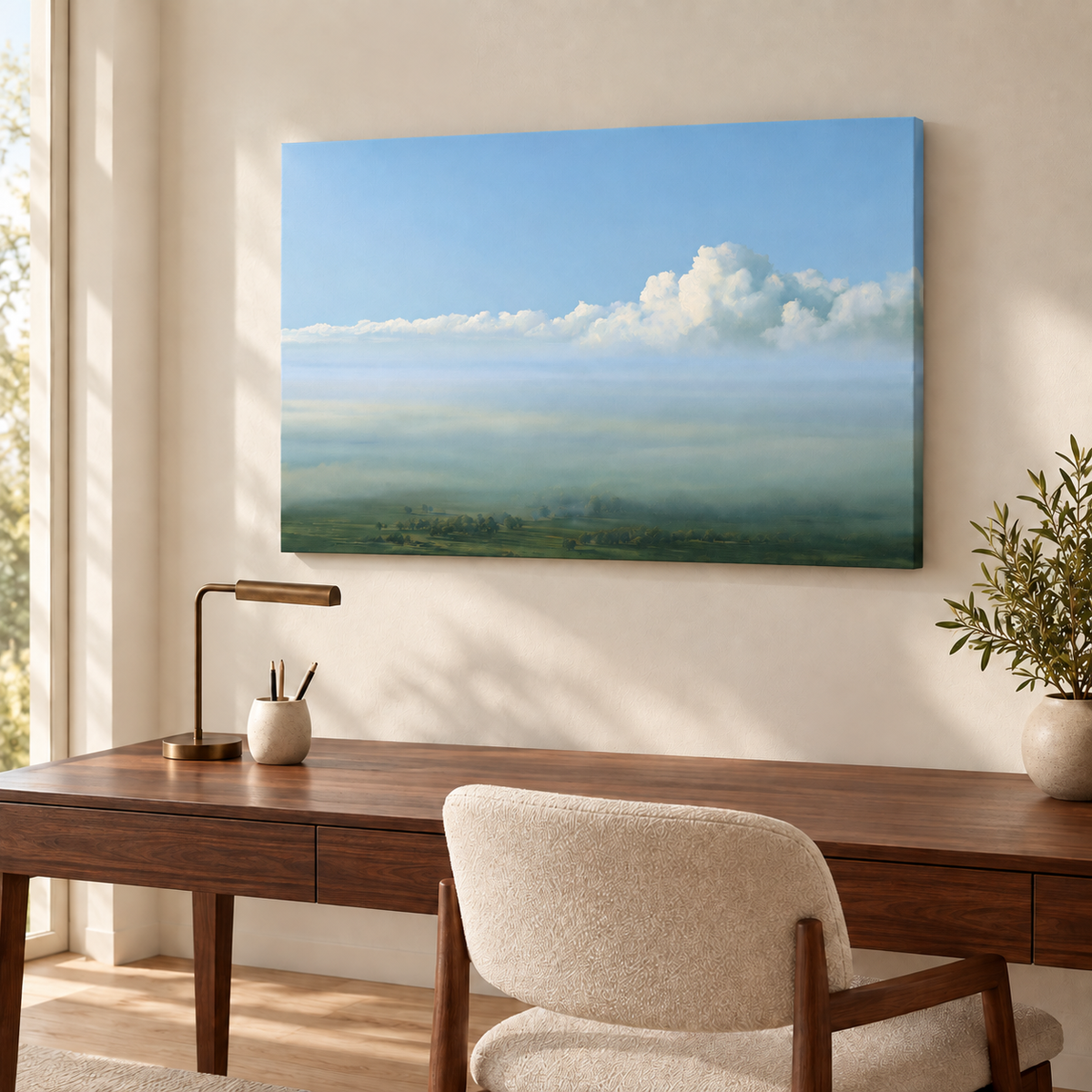 Tableau décoration bureau sur toile sans cadre, ciel bleu et champs verts au-dessus d'un bureau en noyer