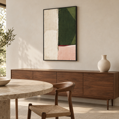 Lisière – Tableau abstrait vert olive et rose poudré