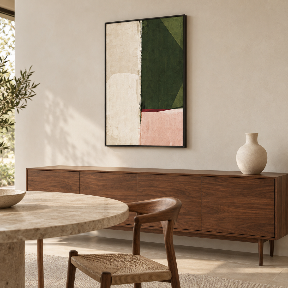 Tableau salle à manger en cadre noir, aplats vert olive et rose au-dessus d'un long buffet en noyer