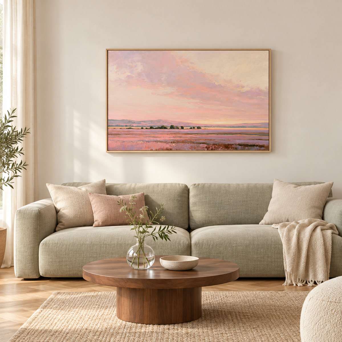 Heure exquise – Tableau paysage coucher de soleil rose et lavande