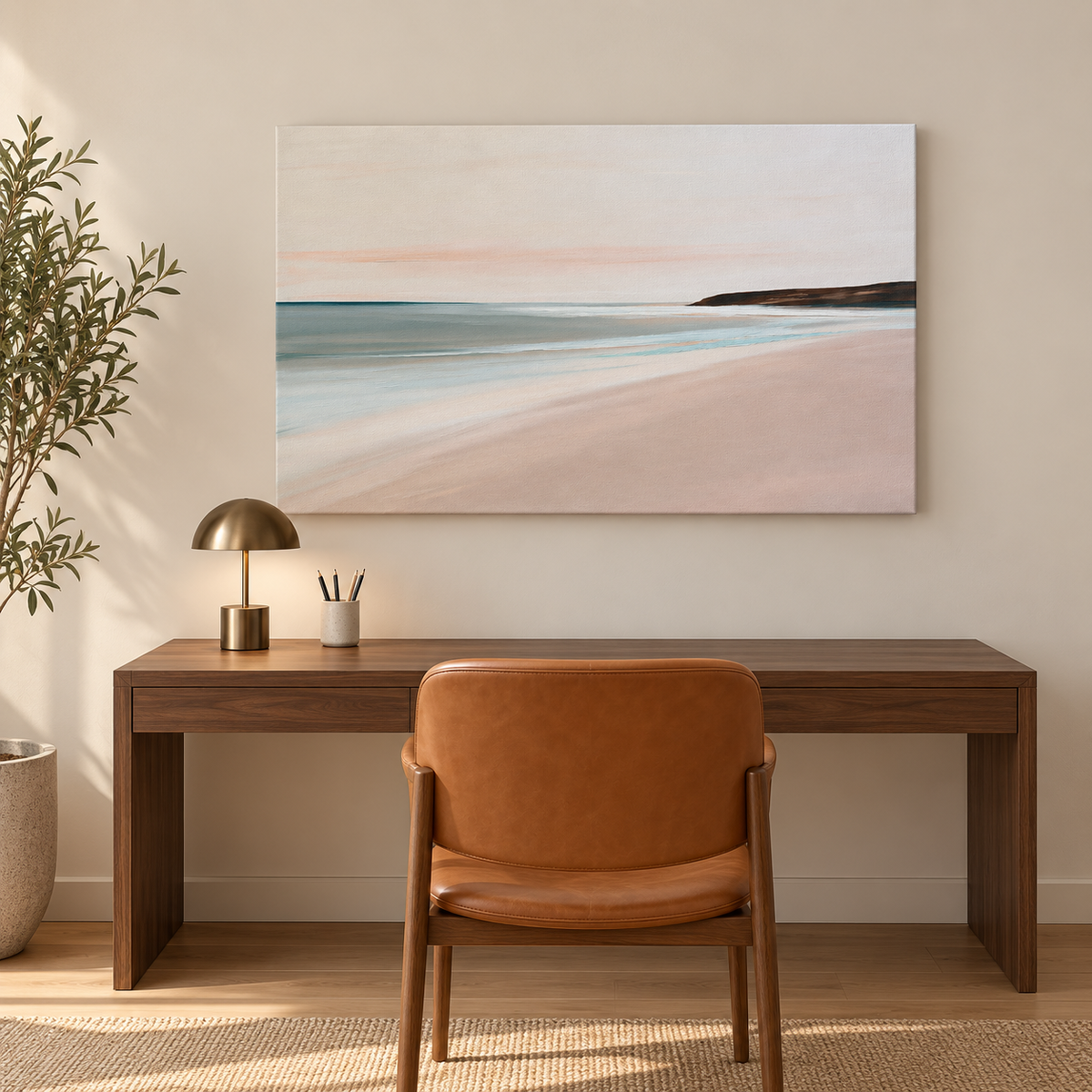 Tableau décoration bureau sur toile sans cadre, plage rose poudré au-dessus d'un bureau en noyer et lampe dorée