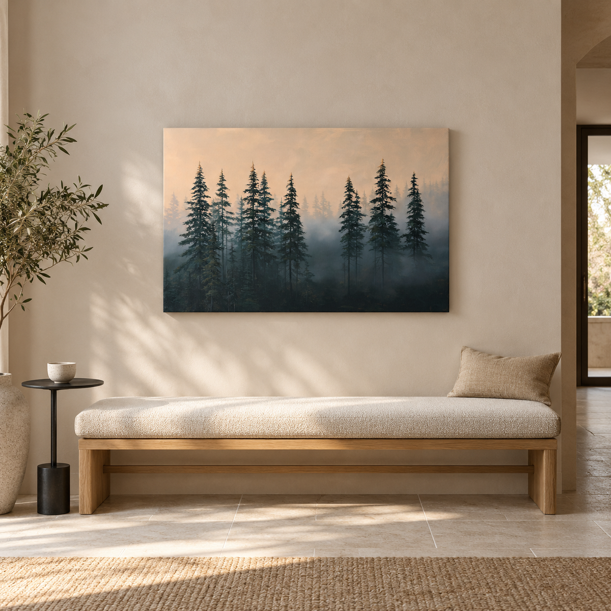 Sylve – Tableau paysage forêt brumeuse vert sapin et pêche
