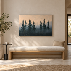 Sylve – Tableau paysage forêt brumeuse vert sapin et pêche