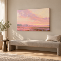 Heure exquise – Tableau paysage coucher de soleil rose et lavande