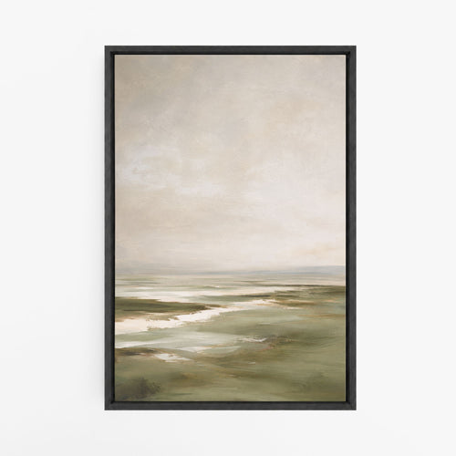 Tableau paysage minimaliste vert sourd et beige, vue en situation