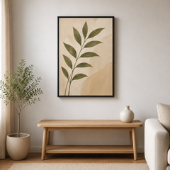 Feuillage sur sable – Tableau botanique beige et vert