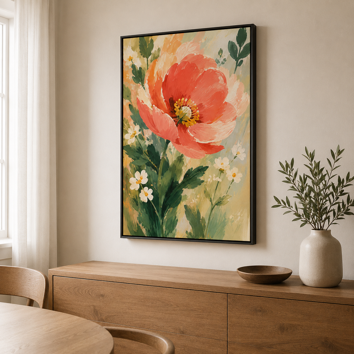 Pétales au soleil – Tableau botanique fleur corail