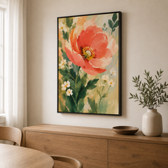 Pétales au soleil – Tableau botanique fleur corail