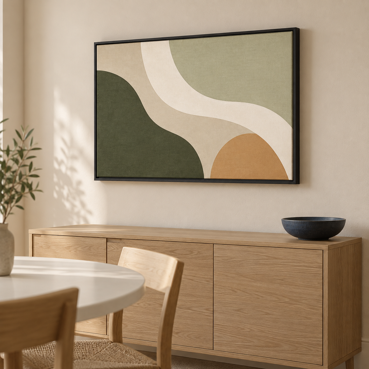 Tableau salle à manger en cadre noir, abstrait vert olive et beige accroché au-dessus d'un buffet en chêne clair
