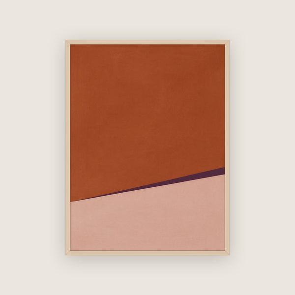 Affiche minimaliste aux tons chauds dans un cadre en chêne clair, terracotta et rose au rendu peint