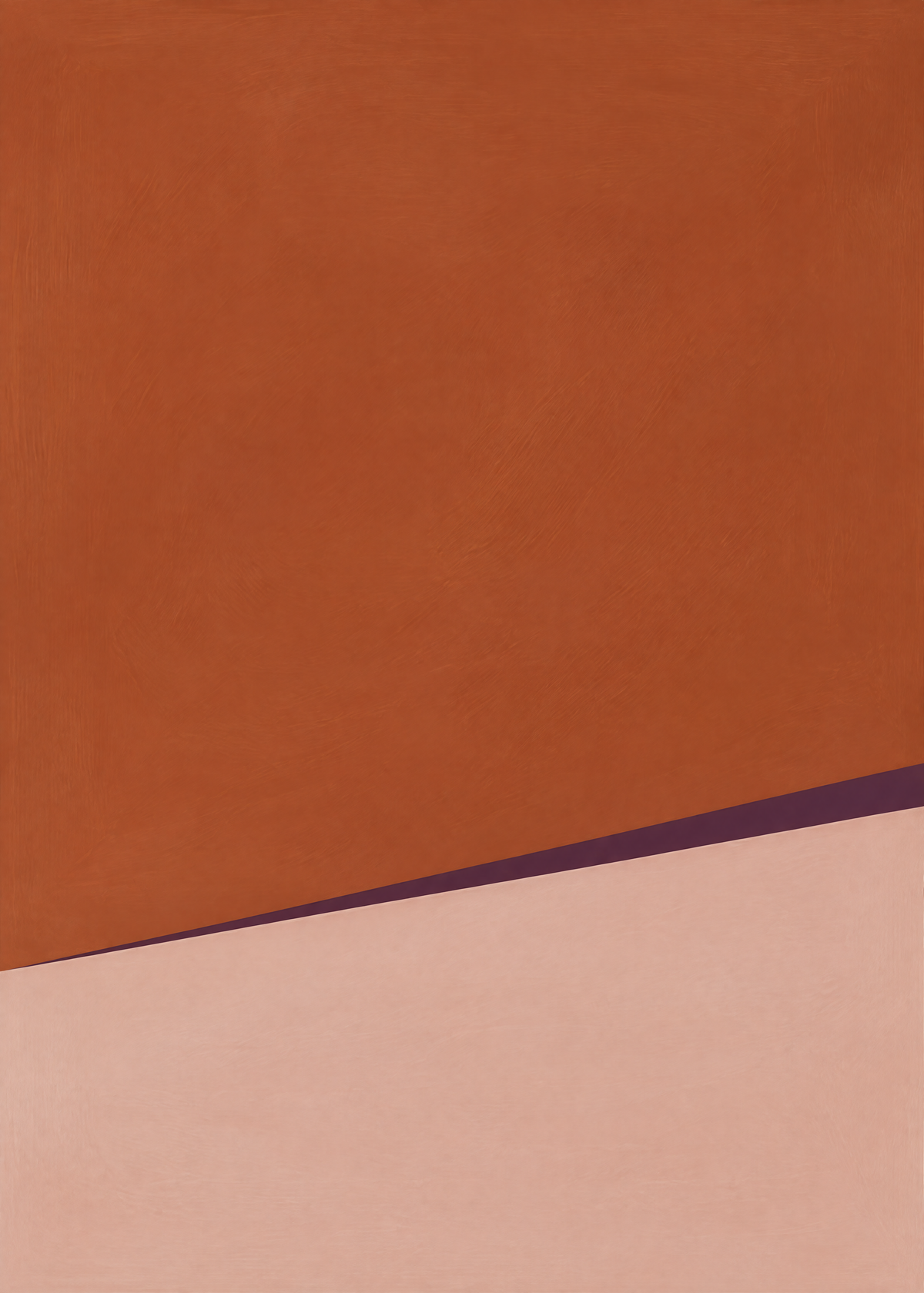 Affiche minimaliste, grand aplat terracotta au-dessus de rose poudré, fine diagonale prune