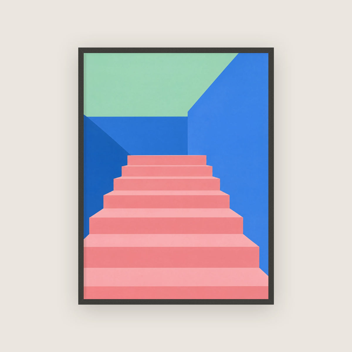 Affiche escalier rose et bleu encadrée en noir, marches roses entre des murs bleu vif