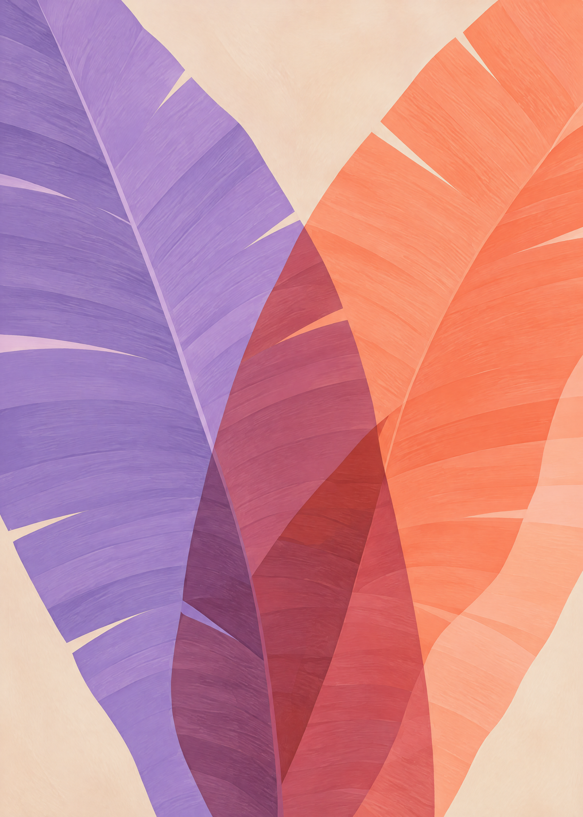 Affiche botanique, deux feuilles de bananier lilas et orange qui se croisent en transparence sur fond crème