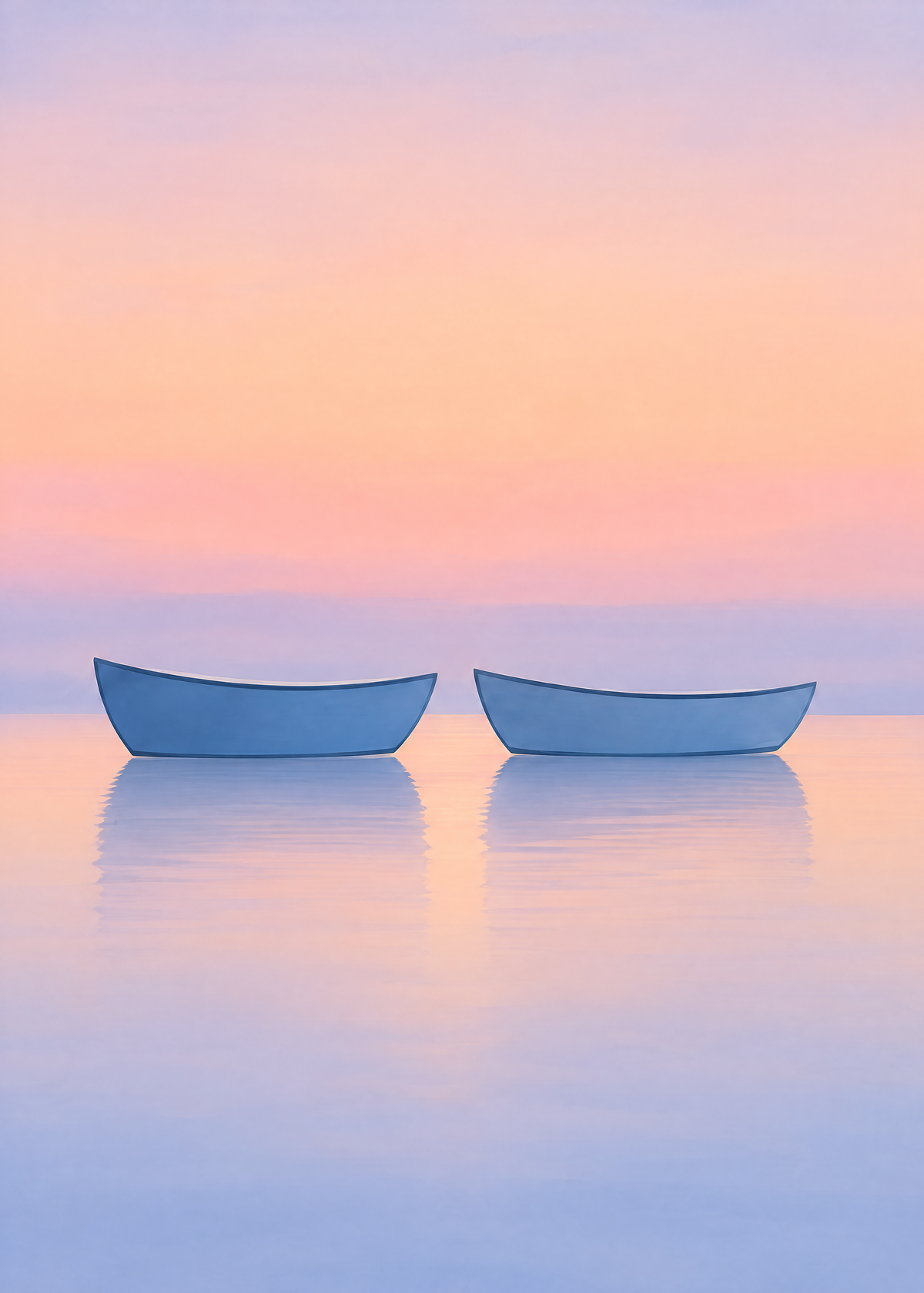 Affiche marine, deux barques bleues immobiles sur une mer lisse sous un ciel rose pêche et lavande