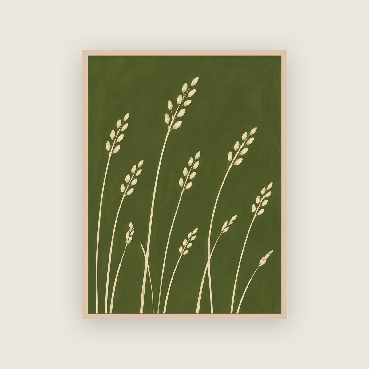 Affiche botanique champêtre dans un cadre en chêne clair, herbes crème sur un fond vert olive