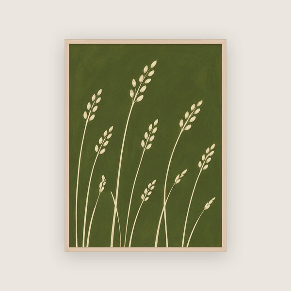 Affiche botanique champêtre dans un cadre en chêne clair, herbes crème sur un fond vert olive