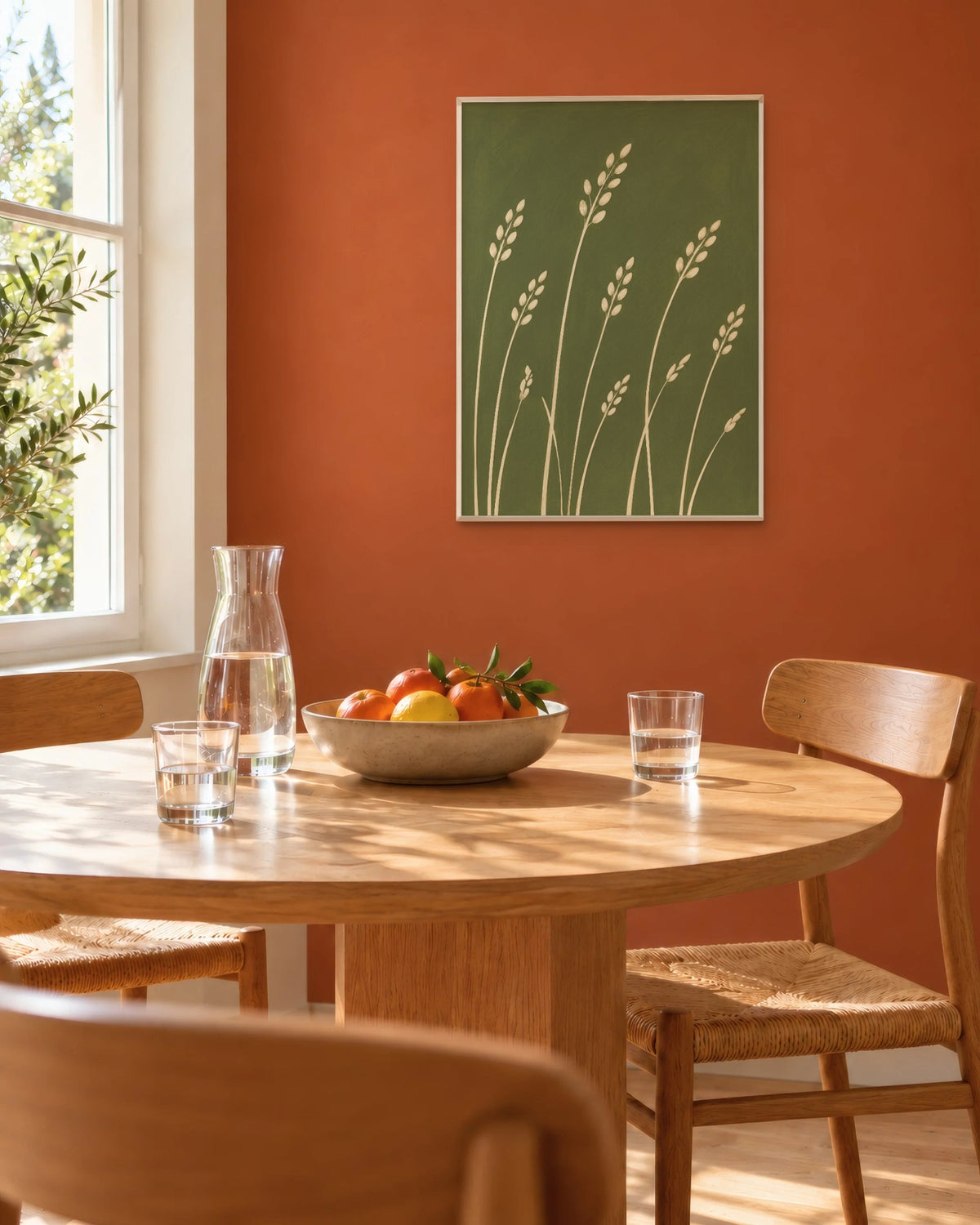 Affiche salle à manger graminées vert olive en cadre chêne clair sur un mur terracotta