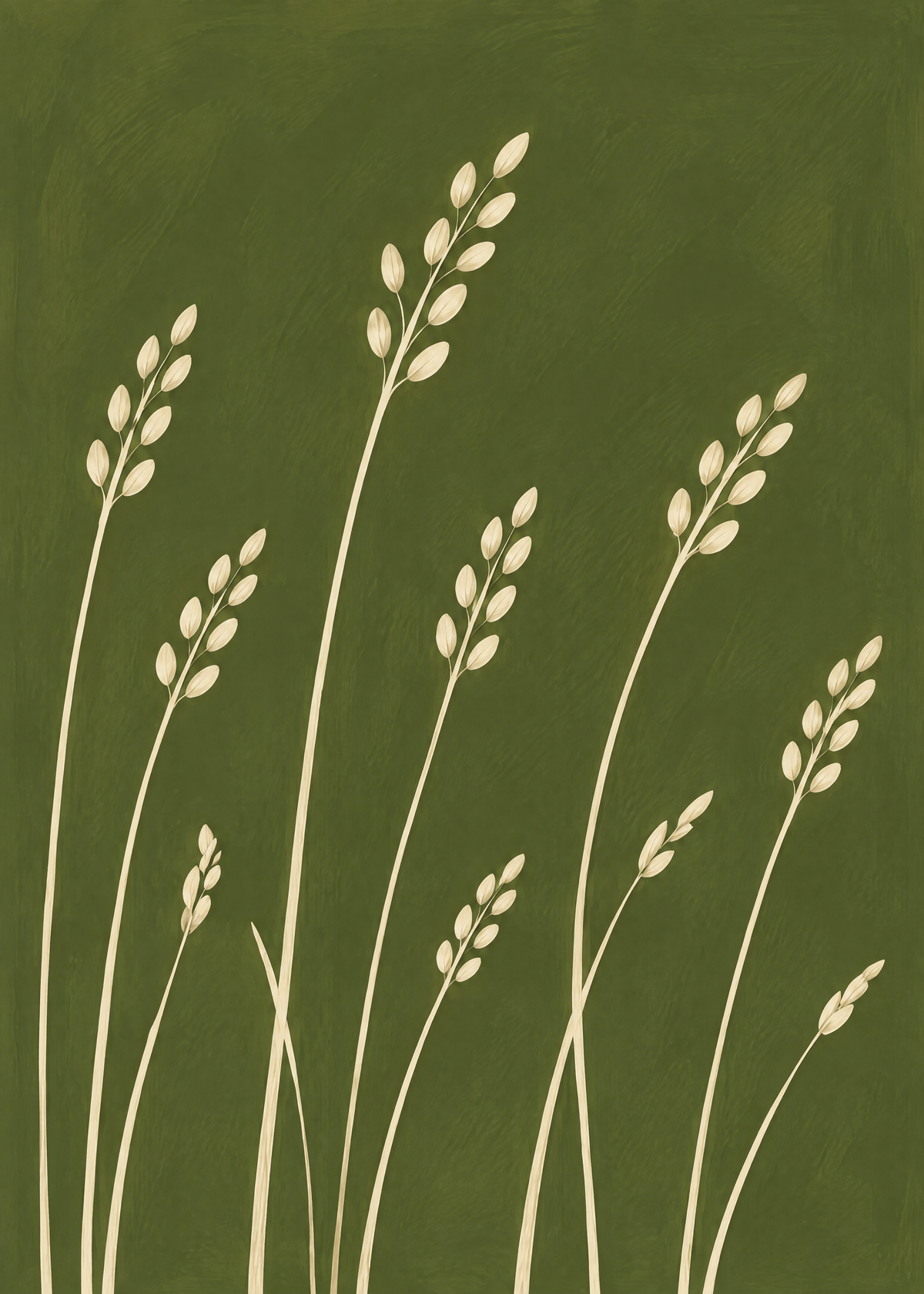 Affiche botanique, épis de graminées crème qui ondulent dans le vent sur un fond vert olive peint