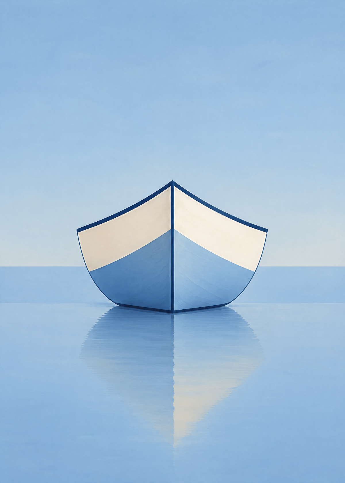Affiche marine épurée, barque bleu et crème vue de face et son reflet dans une eau bleue immobile