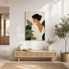 Dans une pensée – Tableau femme et feuilles vertes