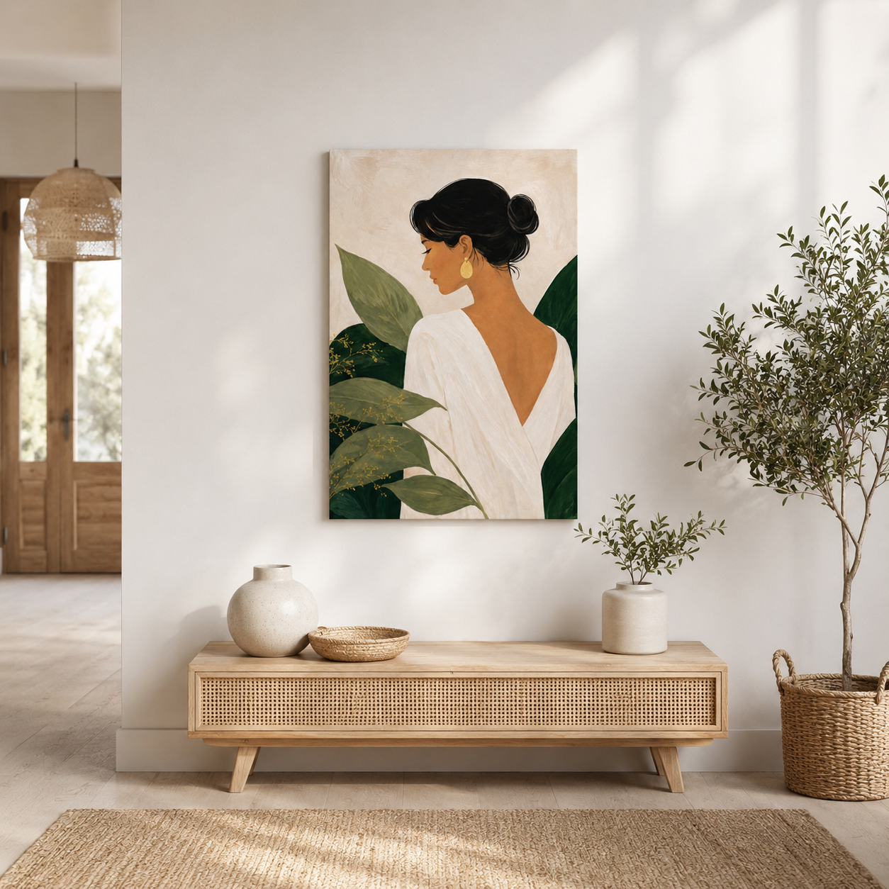 Dans une pensée – Tableau femme et feuilles vertes