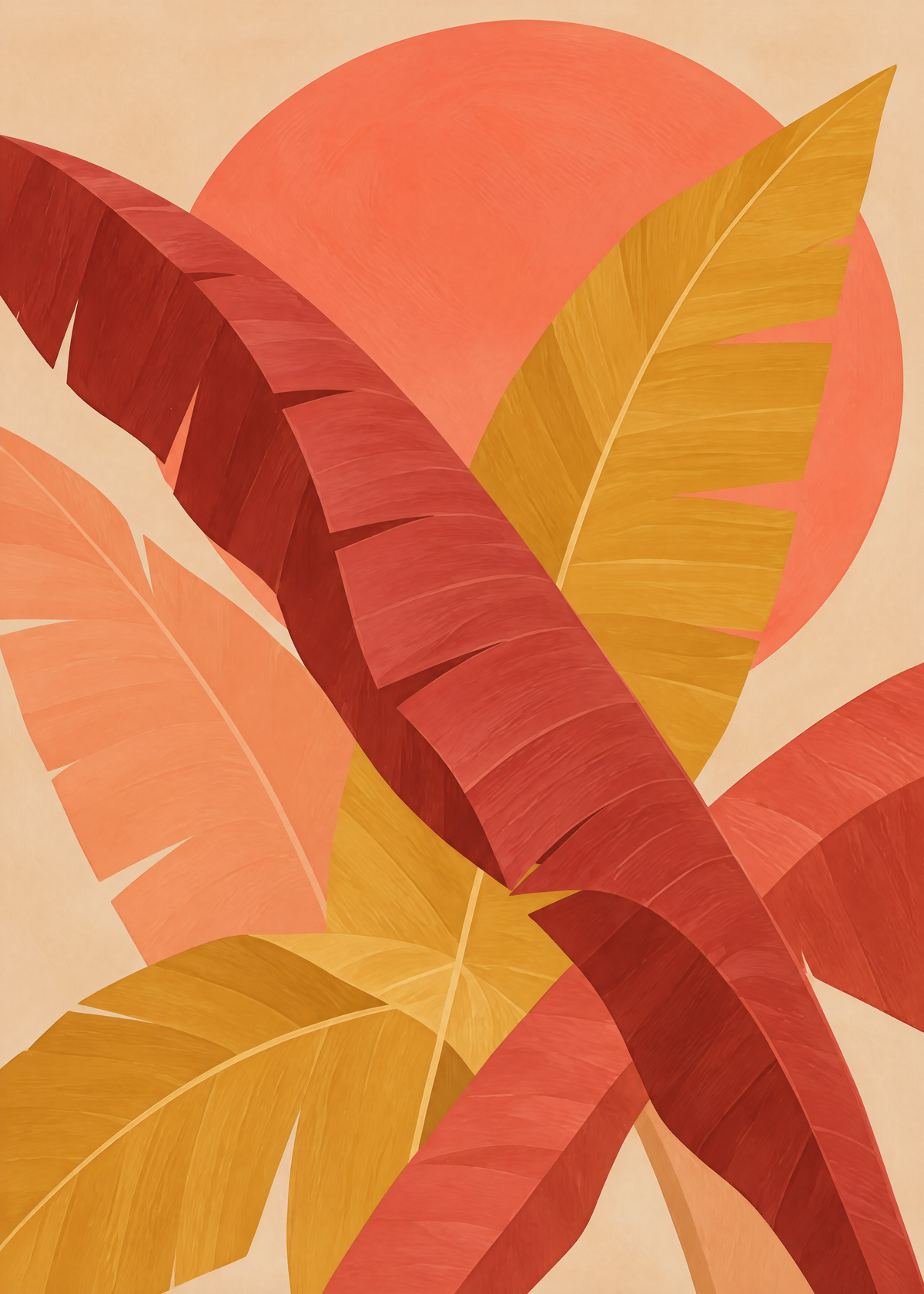 Affiche tropicale, feuilles de bananier rouge, moutarde et pêche entremêlées devant un grand soleil corail