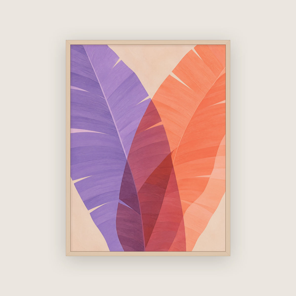 Affiche botanique douce dans un cadre en chêne clair, feuilles de bananier violettes et orange