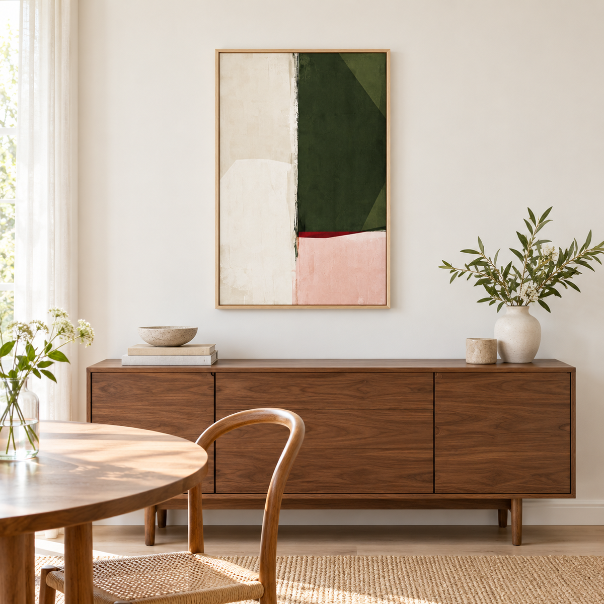 Lisière – Tableau abstrait vert olive et rose poudré