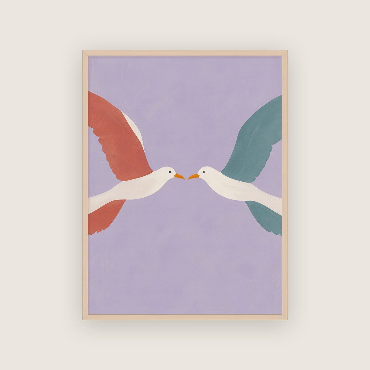 Affiche romantique deux oiseaux face à face dans un cadre en chêne clair, fond lilas uni