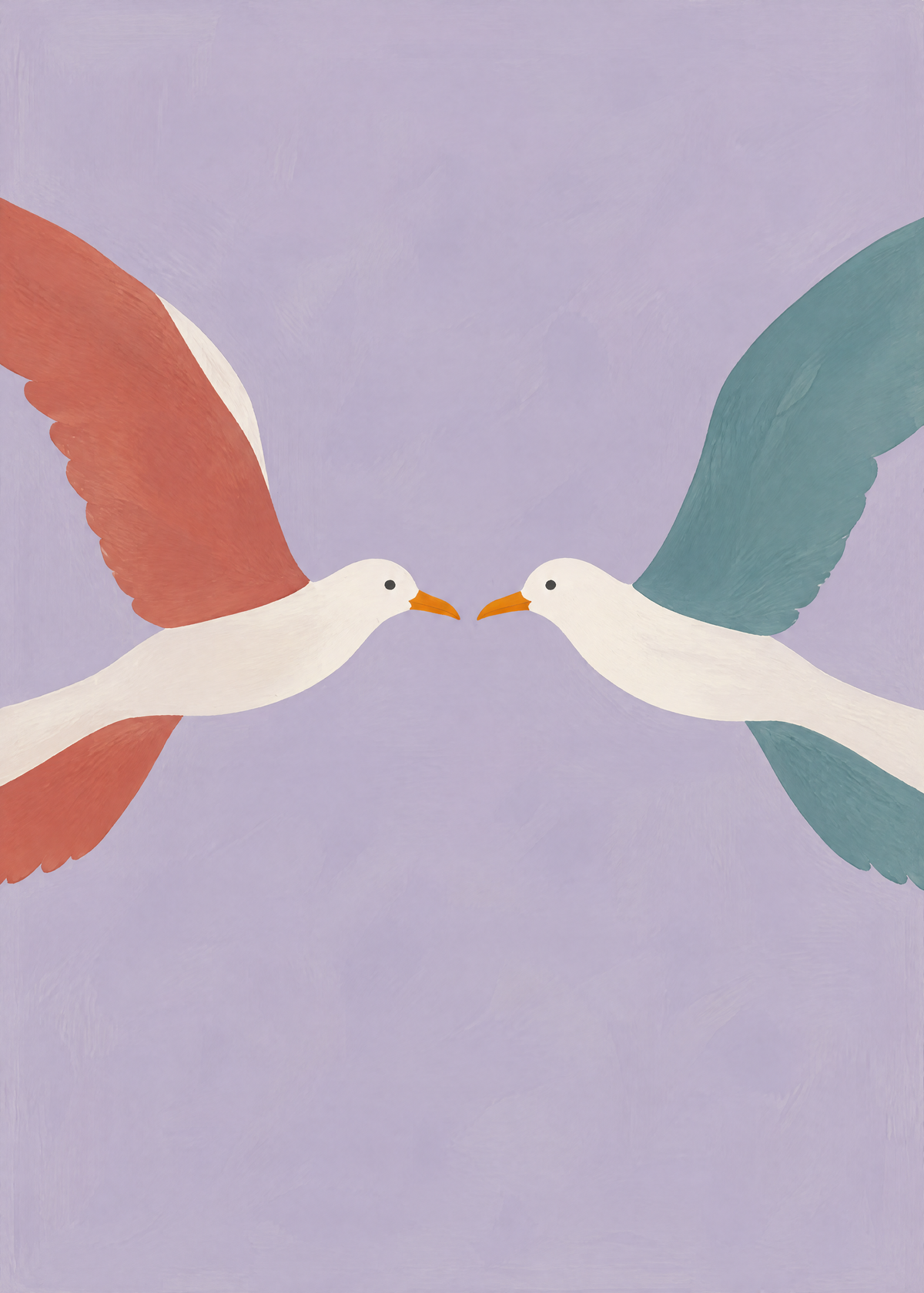 Affiche couple d'oiseaux face à face, une aile terracotta et une aile bleu-vert sur un fond lilas