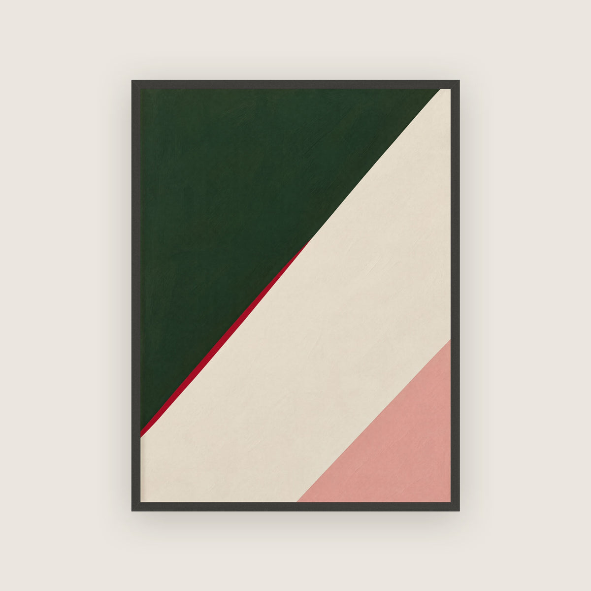 Affiche diagonale vert forêt et vieux rose encadrée en noir, fin trait rouge, rendu peint