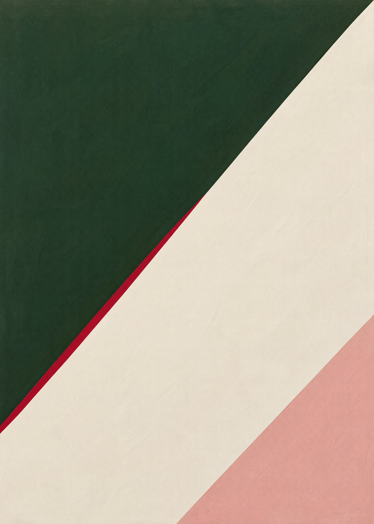 Affiche abstraite en diagonale, aplats vert forêt, crème et vieux rose avec un fin trait rouge