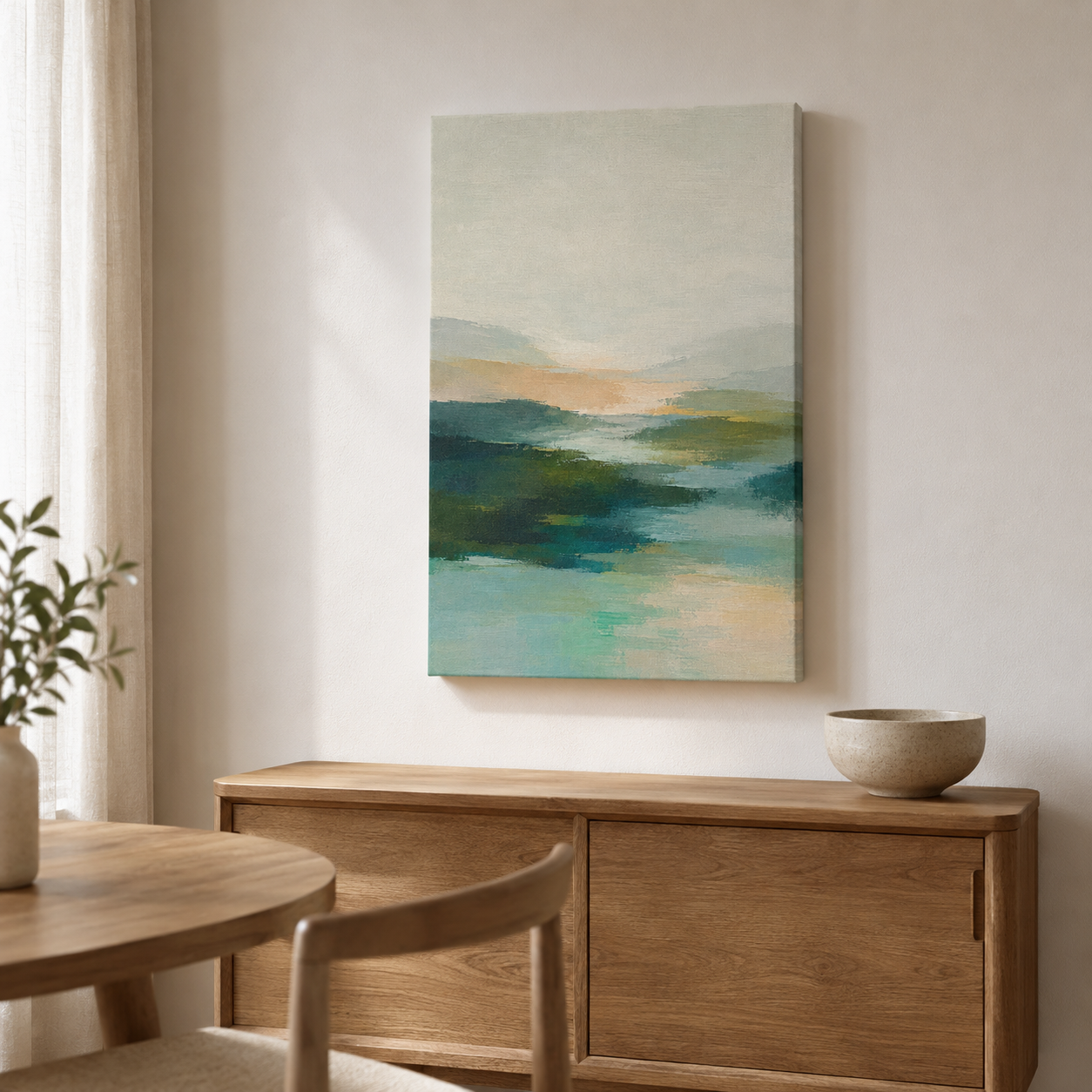Aube sur l'eau – Tableau paysage abstrait bleu et vert