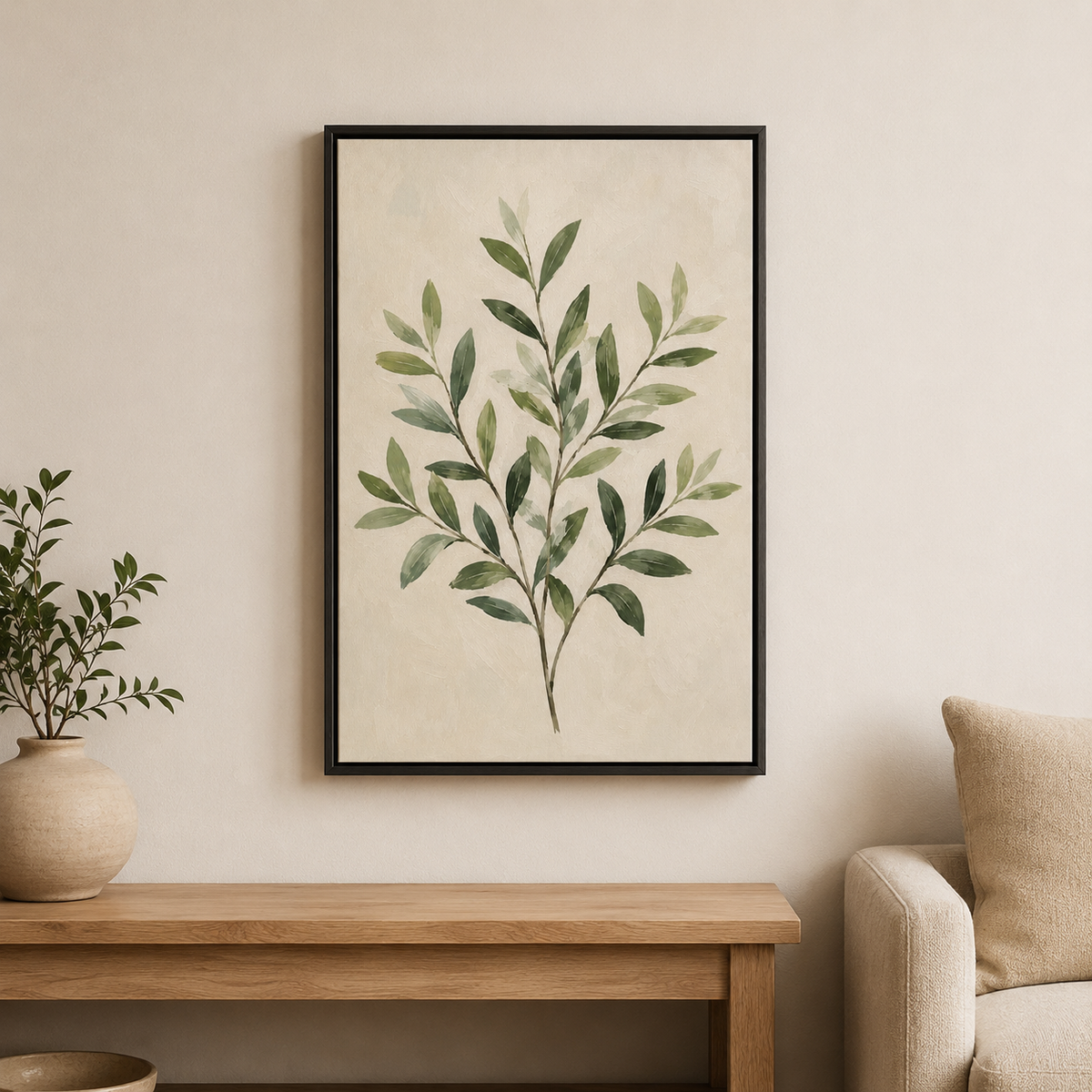 Herbier moderne – Tableau feuillage vert sur fond beige