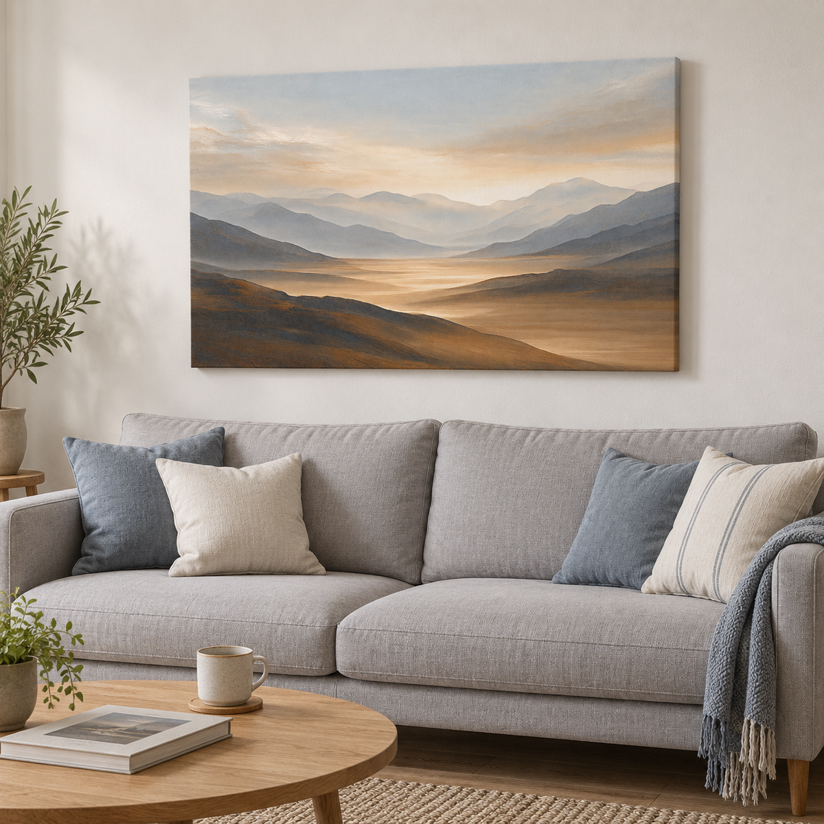 Grand tableau déco salon sur toile sans cadre, paysage montagne doré et gris au-dessus d'un canapé gris clair