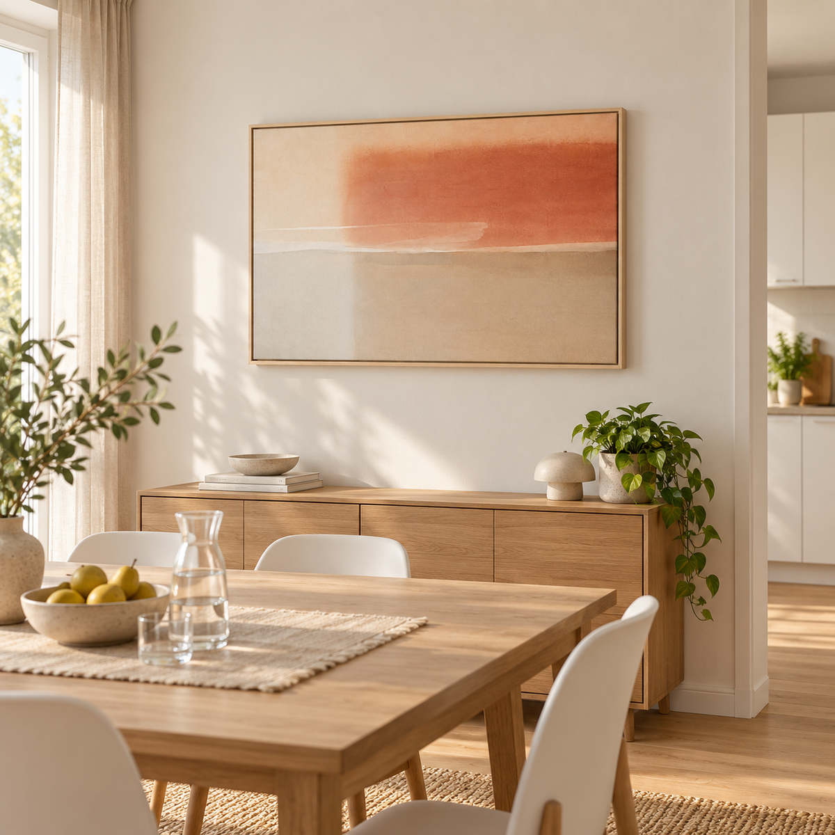 Abstrait terracotta et sable en cadre chêne clair au-dessus d'un buffet en chêne, près d'une table à manger claire