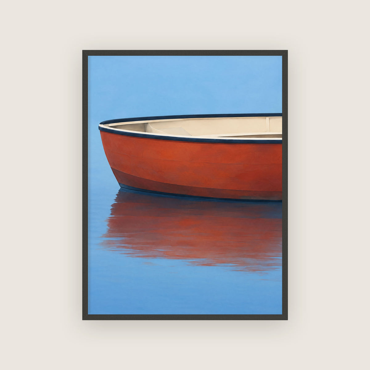 Affiche barque rouge et bleu encadrée en noir, flanc d'une coque rouge et reflet orangé