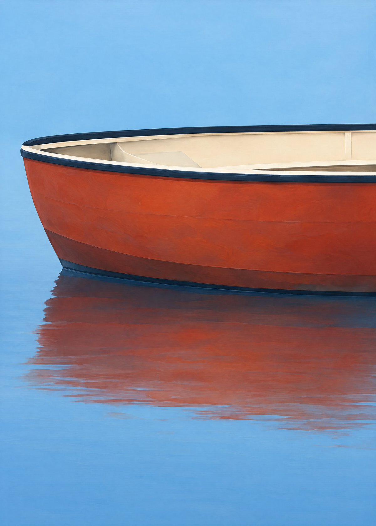 Affiche marine en gros plan, coque de barque rouge brique et son reflet sur une eau bleu vif