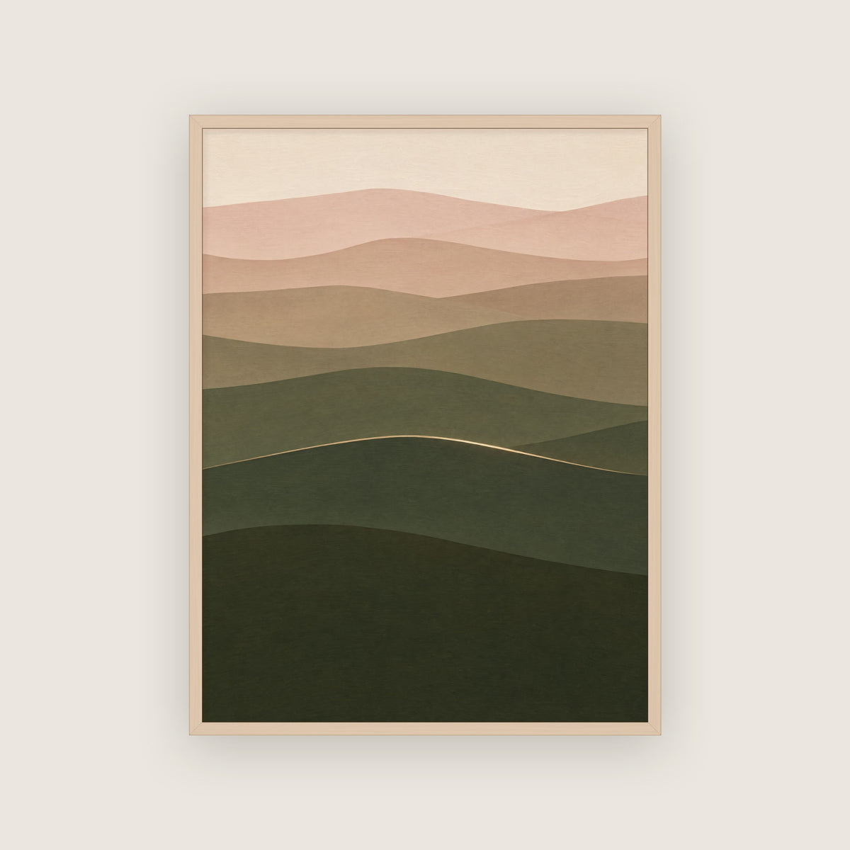 Affiche paysage minimaliste dans un cadre en chêne clair, collines du rose au vert olive profond