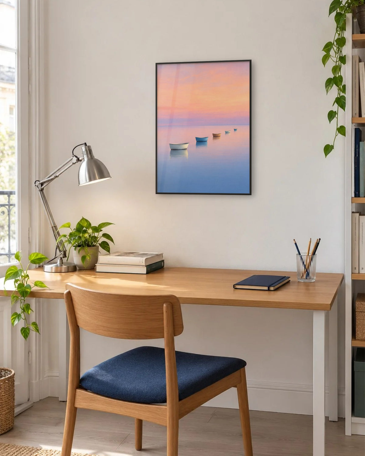 Affiche bureau rose et bleu, barques à l'aube en cadre noir au-dessus d'une table de travail en chêne