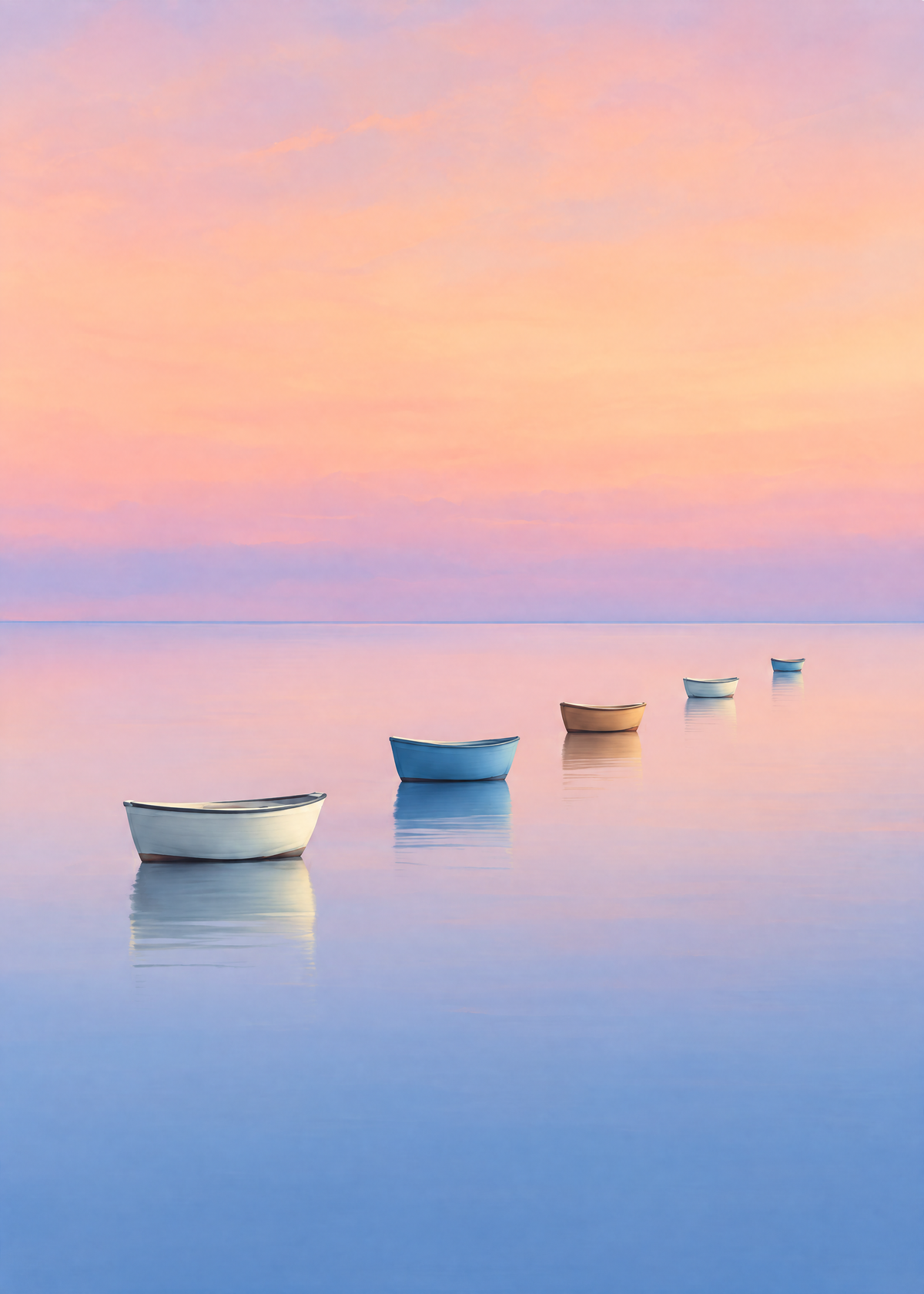 Affiche marine minimaliste, petites barques alignées sur une mer rose et bleue au lever du jour