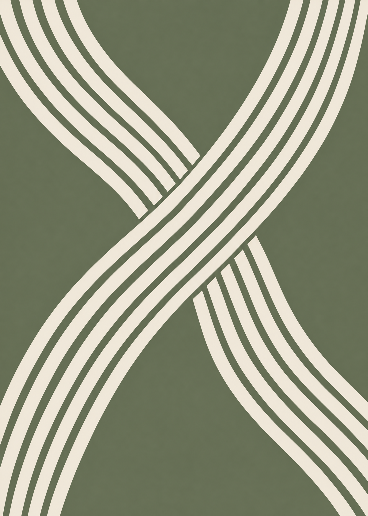 Affiche graphique, deux faisceaux de lignes crème ondulées qui se croisent sur un aplat vert olive