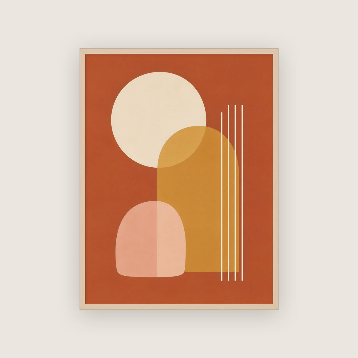 Affiche formes chaudes dans un cadre en chêne clair, ocre, rose et crème sur un fond terracotta