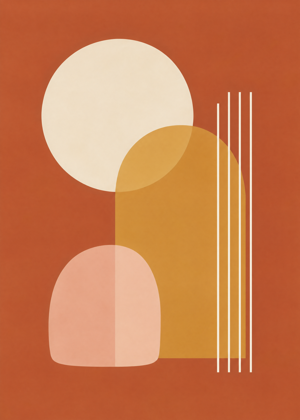 Affiche abstraite, cercle crème, arche ocre transparente, forme rose et traits fins sur un fond terracotta