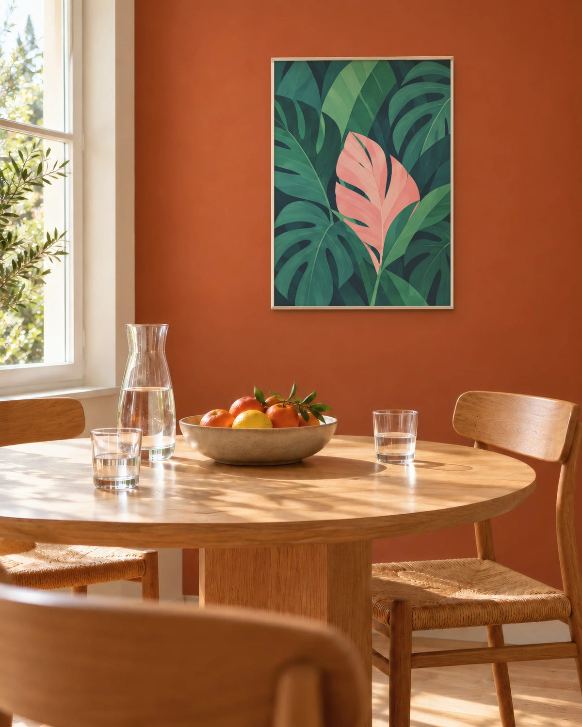 Affiche salle à manger jungle verte en cadre chêne clair sur un mur terracotta, près d'une table