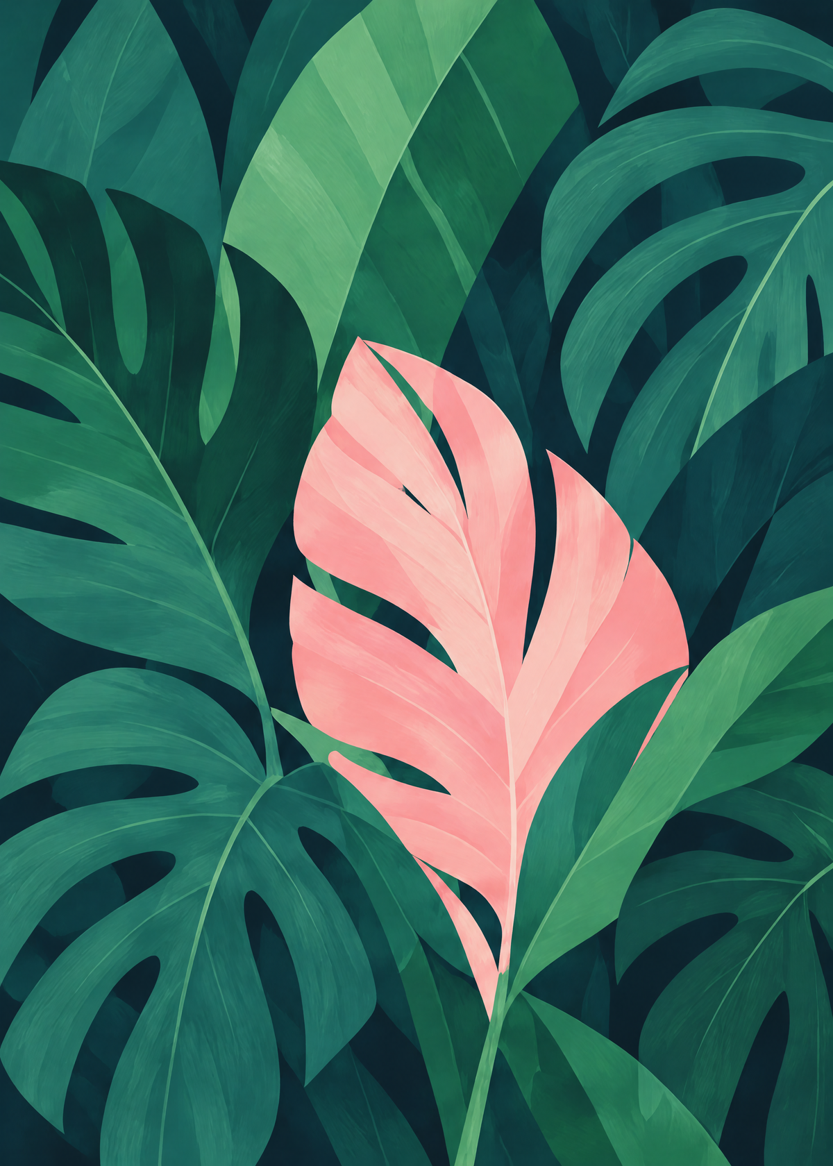 Affiche botanique luxuriante, une feuille rose cachée au milieu d'une jungle de monstera vert profond