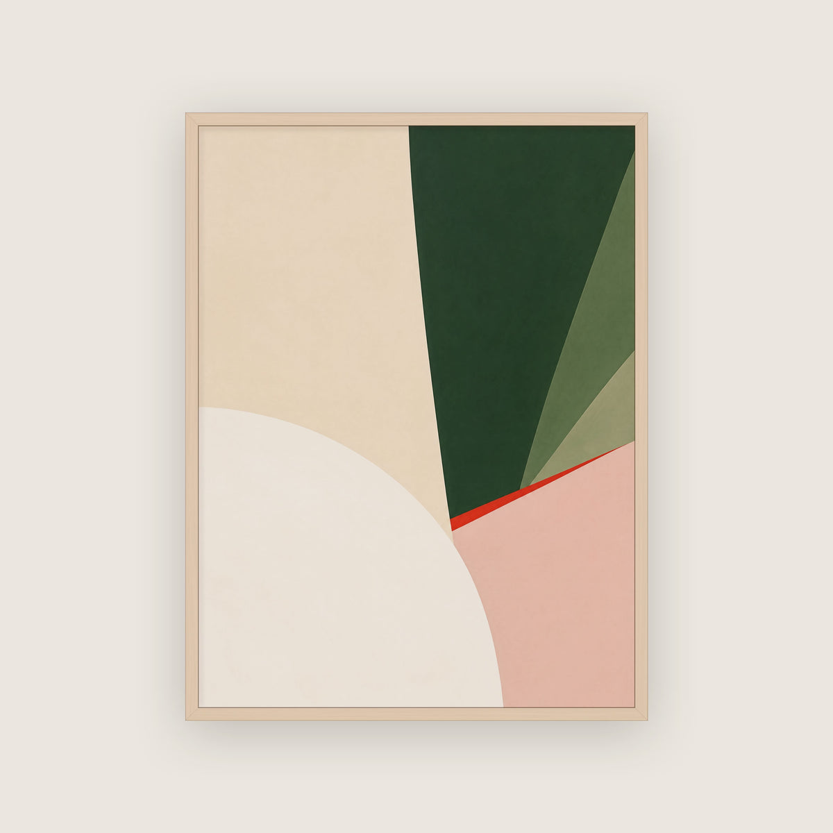 Affiche moderne aux formes vert olive, rose et ivoire dans un cadre en chêne clair
