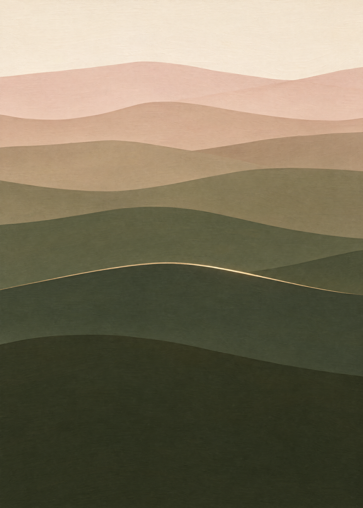Affiche paysage minimaliste, collines superposées en dégradé de rose poudré à vert olive foncé, ciel crème